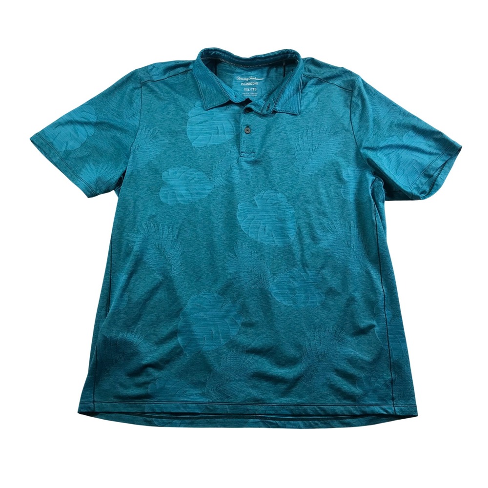 Tommy Bahama IslandZone Mens XXL Teal Blue Tropical Leaf Polo Shirt Short Sleeve